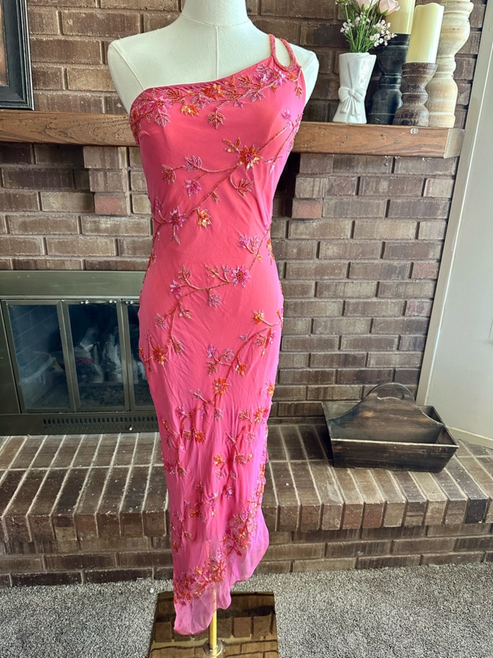 Vintage Scala Silk Beaded One Shoulder Dress Pink Hot Pink Floral 6 Y2K Prom